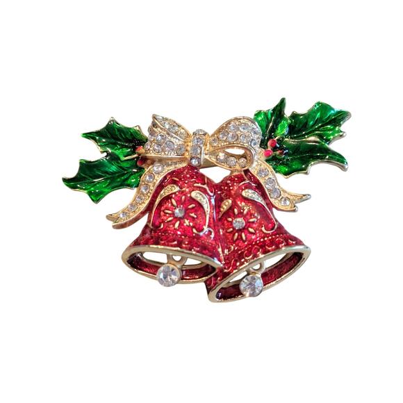 Vintage Christmas Bells Brooch Red Enamel Green Holly Gold Tone Rhinestone Bow - Picture 11 of 11